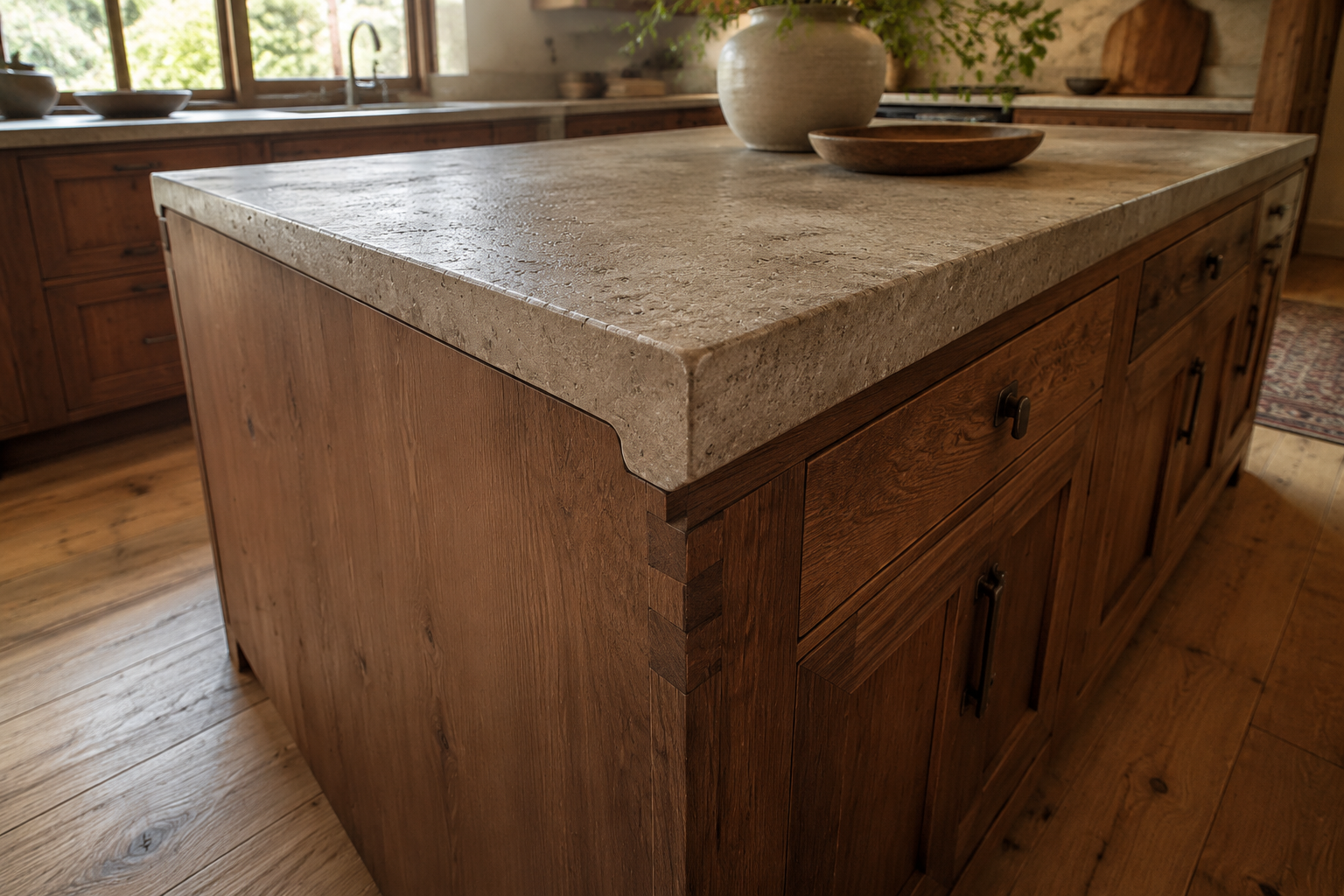 Representative close view of a countertop and warm wood cabinetry