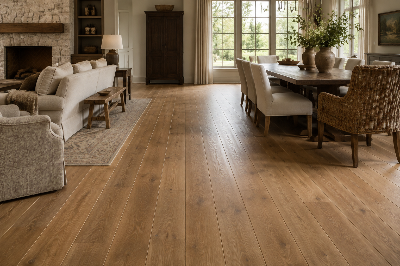 Representative living and dining room interior highlighting warm flooring