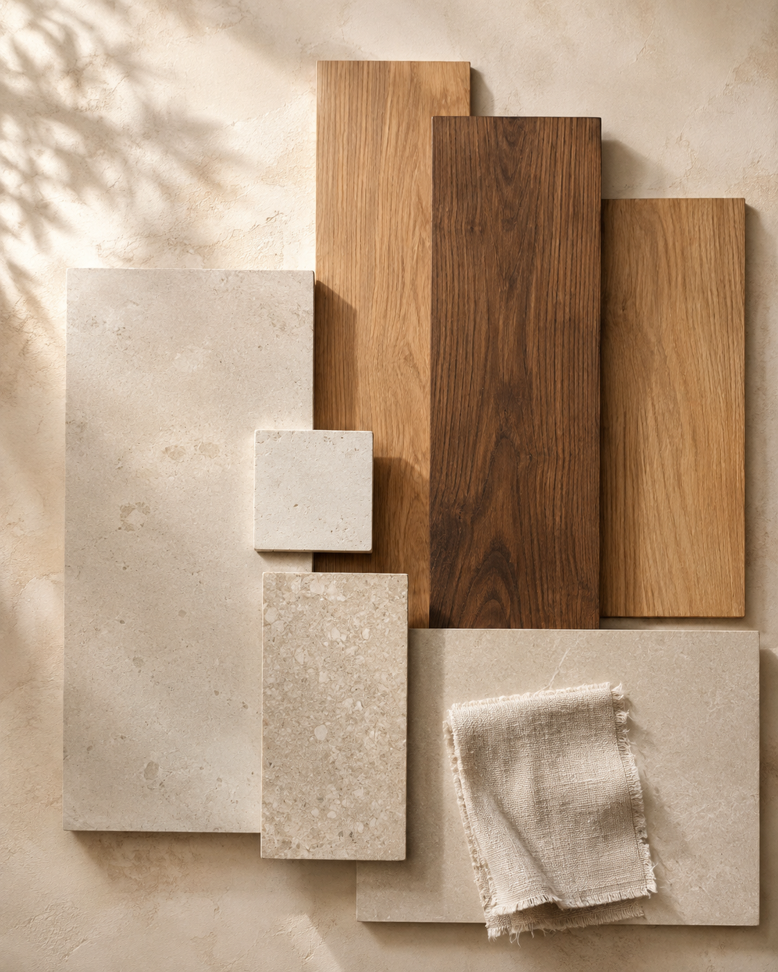 Representative material-selection board in warm wood and neutral tones